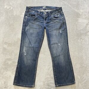 Madison Jeans Womens 3/4 Blue Capri Low Rise Dark Wash Stretch Distressed Denim